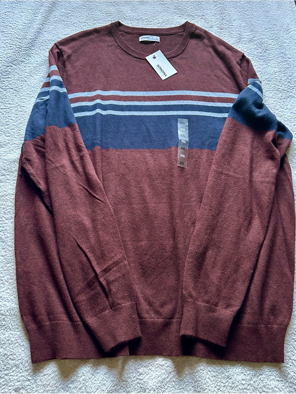 Sonoma Rust Crewneck Sweater with Navy and Light Gray Stripes